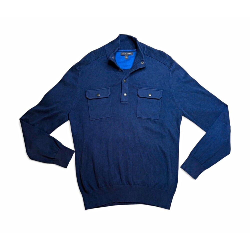 Banana Republic Silk Linen Cotton Quarter Button Utility Henley Sweater L Blue